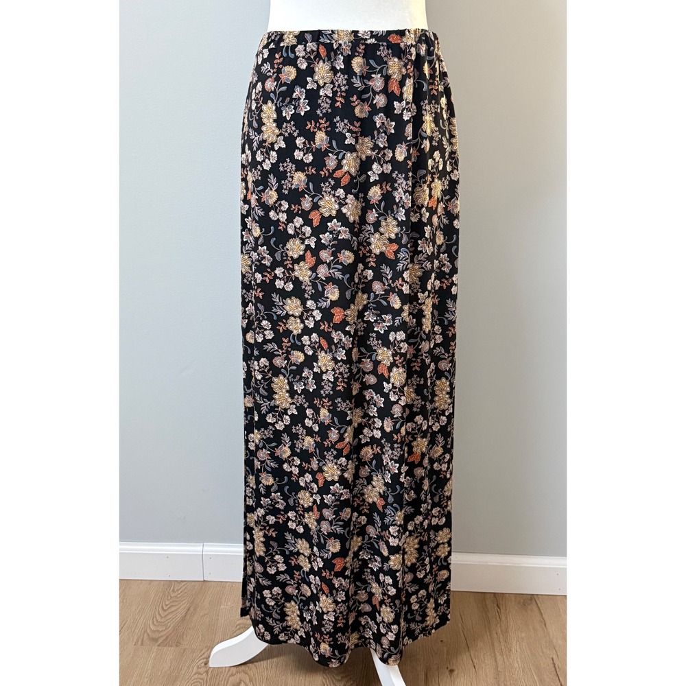 Halogen Womens Black Floral Maxi Skirt Elastic Waist Double Side Slit Size M